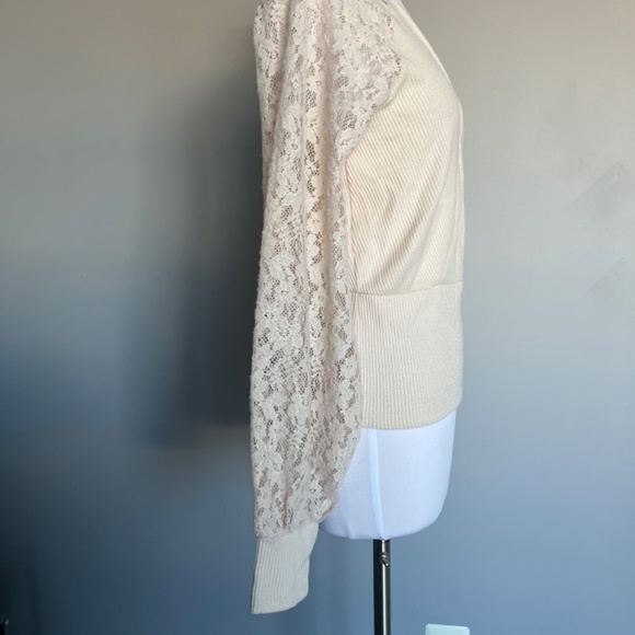 Anthropologie Lace Sleeve Ribbed Knit Surplice Cocktail Top Cream Wrap Sweater - Picture 6 of 10
